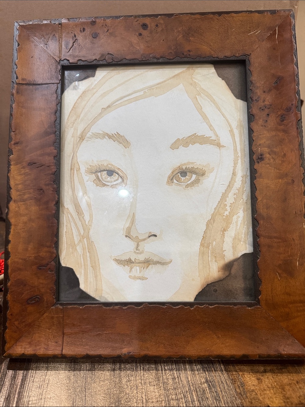 Framed Portrait Art Print in Brown and Cream un marked and unknown artist